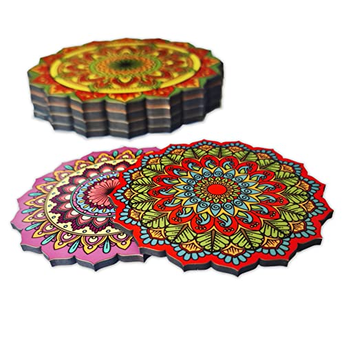 Ambiyaa Pine Set Of 6 Mandala 4 Inch Coasters | Unique Handmade Designs | Flower Shaped | 10 Cm Diameter - Image 1