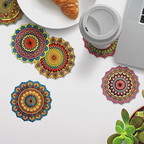 Ambiyaa Pine Set Of 6 Mandala 4 Inch Coasters | Unique Handmade Designs | Flower Shaped | 10 Cm Diameter - Image 4