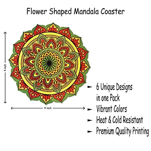 Ambiyaa Pine Set Of 6 Mandala 4 Inch Coasters | Unique Handmade Designs | Flower Shaped | 10 Cm Diameter - Image 2
