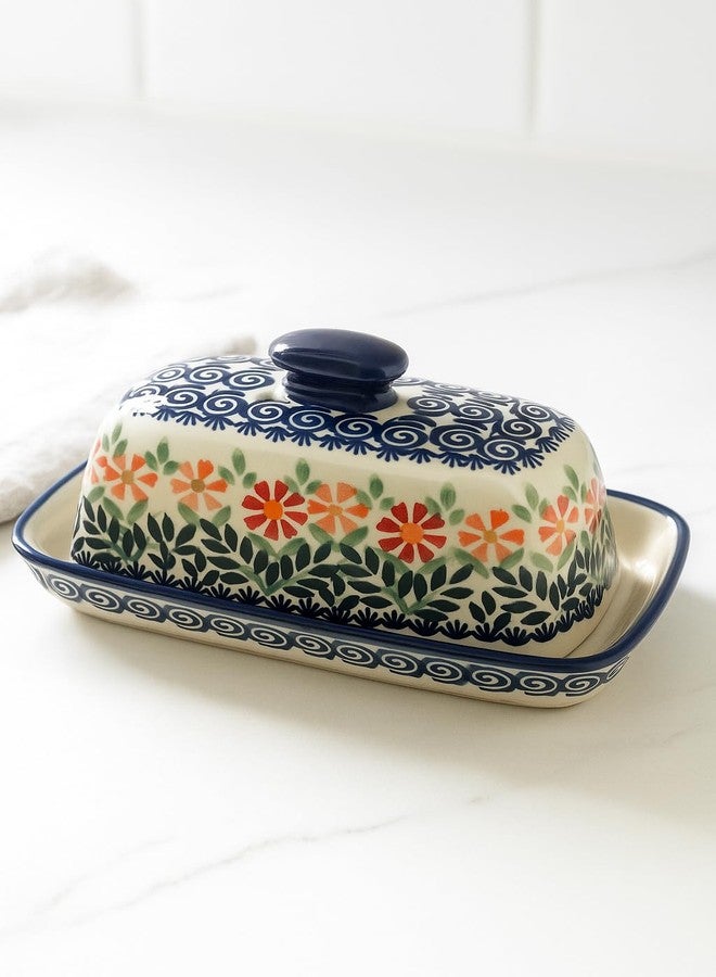 Blue Rose Pottery طبق زبدة من الخزف البولندي "بلو روز" - بنقشة باقة زهور برتقالية - يتسع لقطعة زبدة واحدة - طبق زبدة لتنظيم وتخزين الزبدة على سطح الطاولة - Image 5