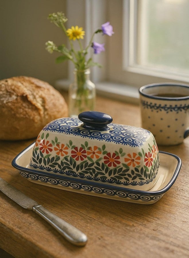 Blue Rose Pottery طبق زبدة من الخزف البولندي "بلو روز" - بنقشة باقة زهور برتقالية - يتسع لقطعة زبدة واحدة - طبق زبدة لتنظيم وتخزين الزبدة على سطح الطاولة - Image 4