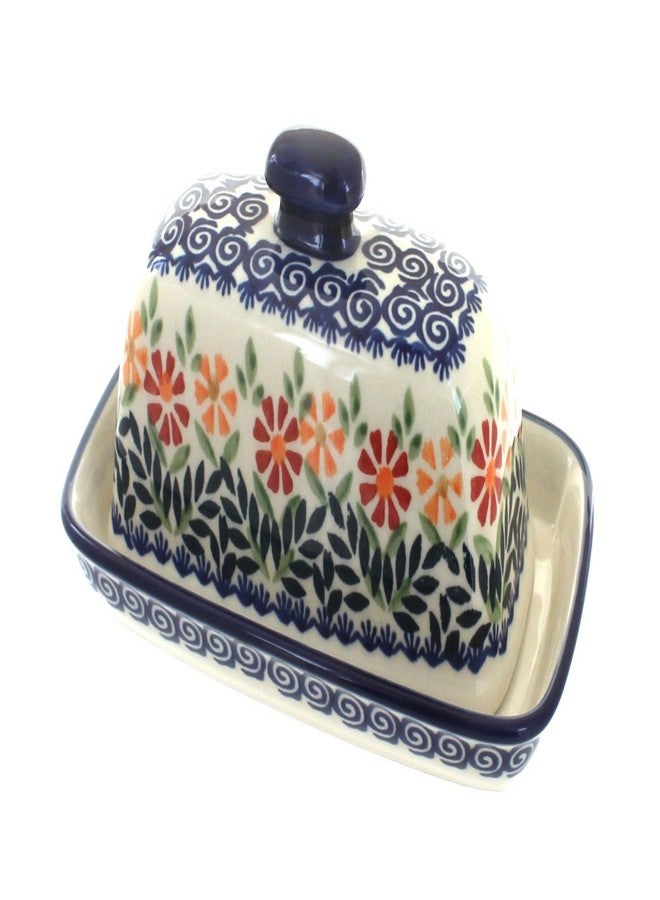 Blue Rose Pottery طبق زبدة من الخزف البولندي "بلو روز" - بنقشة باقة زهور برتقالية - يتسع لقطعة زبدة واحدة - طبق زبدة لتنظيم وتخزين الزبدة على سطح الطاولة - Image 1