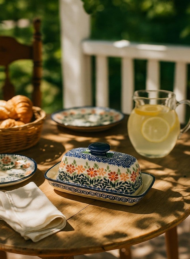 Blue Rose Pottery طبق زبدة من الخزف البولندي "بلو روز" - بنقشة باقة زهور برتقالية - يتسع لقطعة زبدة واحدة - طبق زبدة لتنظيم وتخزين الزبدة على سطح الطاولة - Image 3
