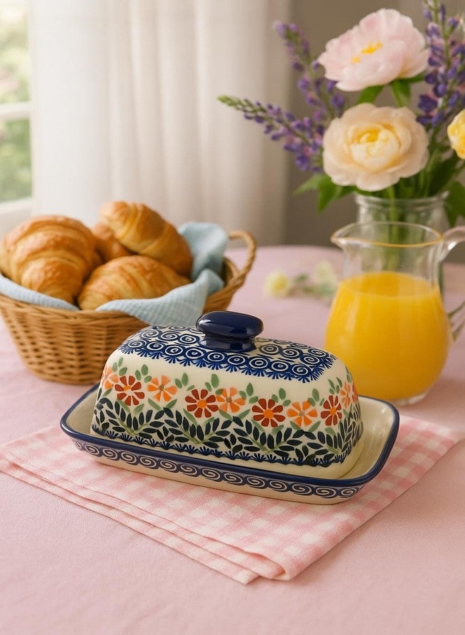 Blue Rose Pottery طبق زبدة من الخزف البولندي "بلو روز" - بنقشة باقة زهور برتقالية - يتسع لقطعة زبدة واحدة - طبق زبدة لتنظيم وتخزين الزبدة على سطح الطاولة - Image 2