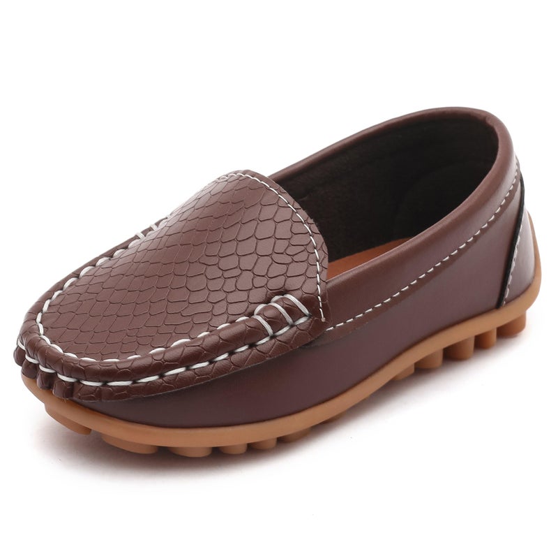 LONSOEN Toddler/Little Kid Boys Girls Soft Synthetic Leather Loafer Slip-On Boat-Dress Shoes/Sneakers,Brown,SHF103 CN23 - Image 1