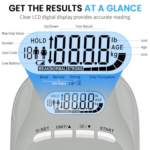 TIPRE 396lbs/180kg Grip Strength Tester, Digital Dynamometer With LCD Display, Adjustable Hand Grip Training Gauge, Exercisers for Sports Home School Use - Gray - Image 3
