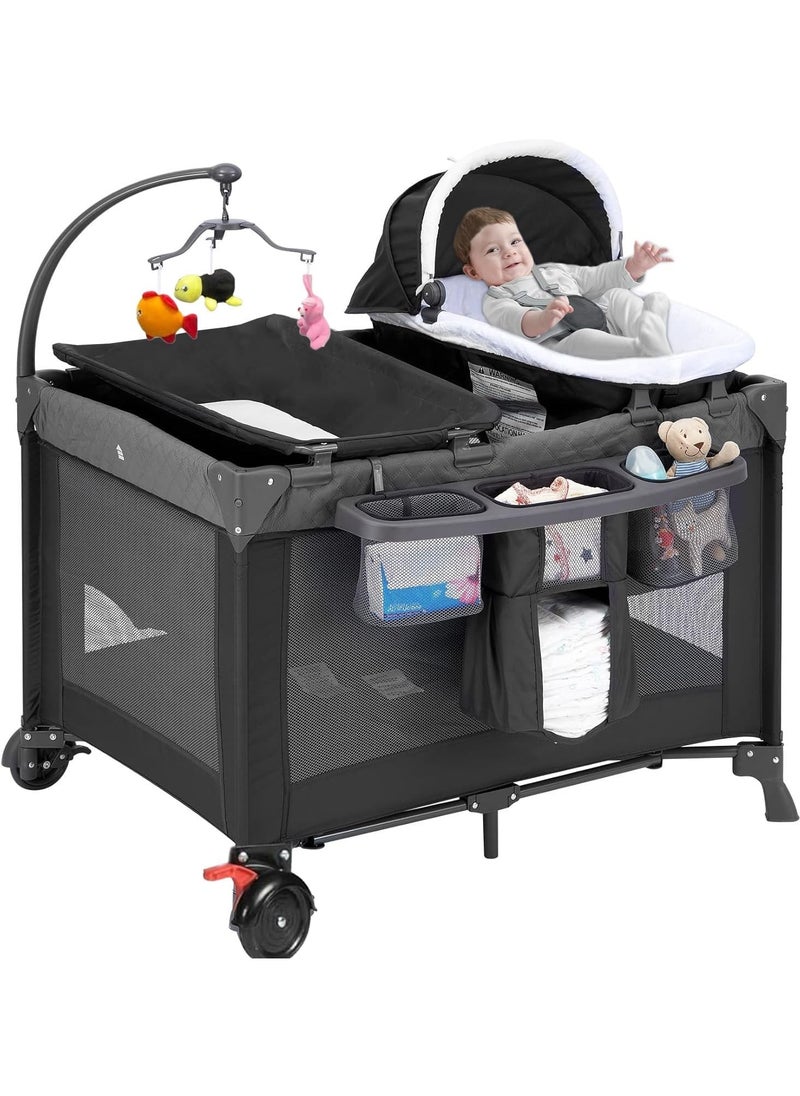 Piccasio Baby Bed, Foldable Baby Bedside Sleeper & Playard, 5 in 1 Baby Bassinet & Crib, Travel Nursery Center With Toys & Music Box,Baby cot & Playpen Newborn Diaper Changing Table  - Image 1