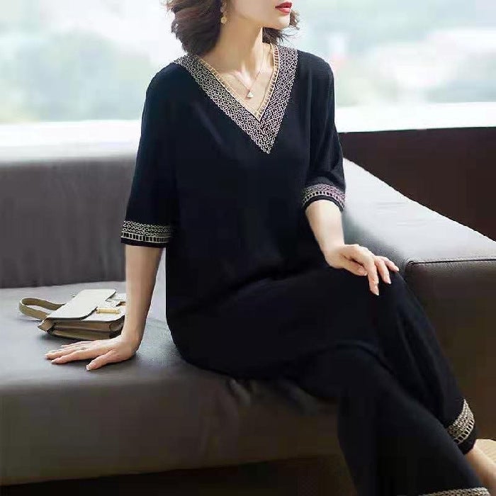 Set Womens 2022 Autumn Western Style Large Size Mom Casual Loose Wide Leg Pants Fashion Two-Piece Set Cross-Border Amazon Black suit (half sleeve summer) 