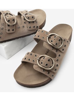 MARJIN Women's Leather Trocque Buckled Daily Olive Suede Slippers Nivor  - Image 1
