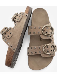 MARJIN Women's Leather Trocque Buckled Daily Olive Suede Slippers Nivor  - Image 5