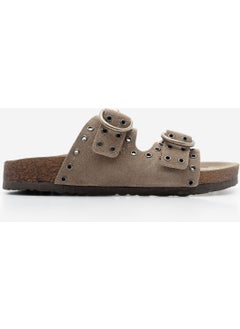 MARJIN Women's Leather Trocque Buckled Daily Olive Suede Slippers Nivor  - Image 2