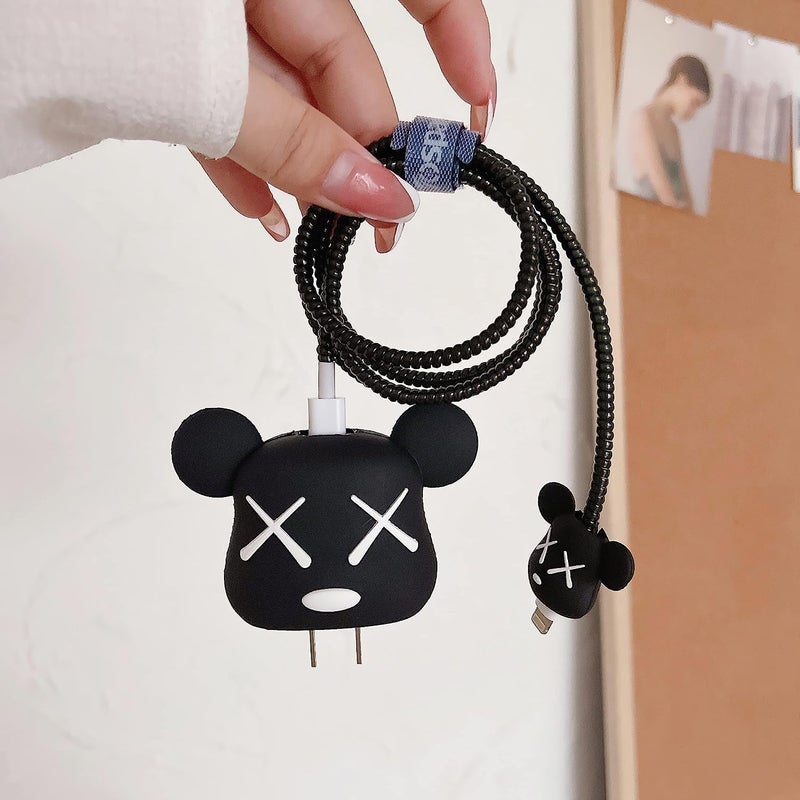 ZedGear Premium i-Phone Charger Protector Cute 3D Bear Design for i-Phone Adapter Compatible with 18W & 20W Charger Full Protection Silicon Data Cable Case - Black Bear - Image 2