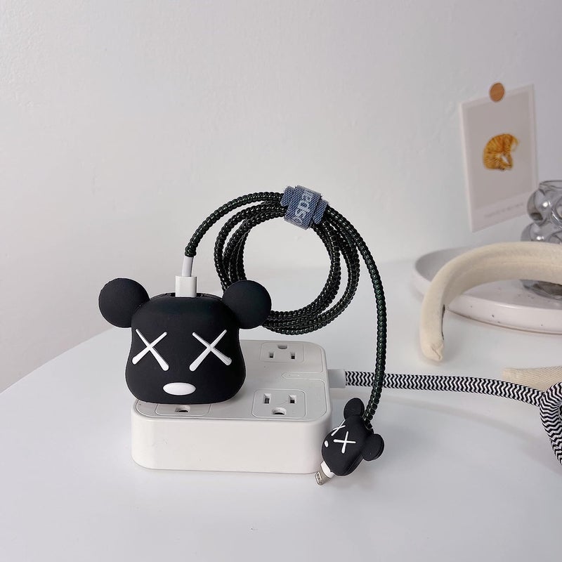 ZedGear Premium i-Phone Charger Protector Cute 3D Bear Design for i-Phone Adapter Compatible with 18W & 20W Charger Full Protection Silicon Data Cable Case - Black Bear - Image 1