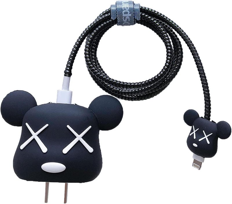 ZedGear Premium i-Phone Charger Protector Cute 3D Bear Design for i-Phone Adapter Compatible with 18W & 20W Charger Full Protection Silicon Data Cable Case - Black Bear - Image 3