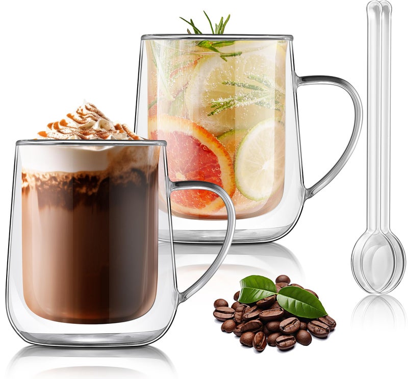 Joeyan Clear Double Walled Glass Coffee Mugs, Double Layer Tea Latte Cappuccino Cups with Handle, Double Lined Insulated High Borosilicate Glassware for Milk and Other Hot Beverages, 13.5 oz, Set of 2 - Image 1