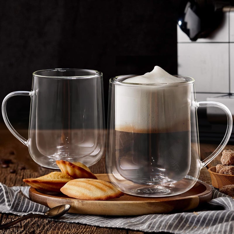 Joeyan Clear Double Walled Glass Coffee Mugs, Double Layer Tea Latte Cappuccino Cups with Handle, Double Lined Insulated High Borosilicate Glassware for Milk and Other Hot Beverages, 13.5 oz, Set of 2 - Image 3