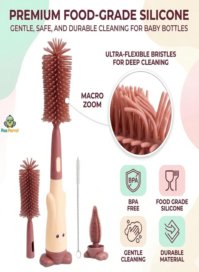 Pax Parrot 3-in-1 Silicone Baby Bottle Cleaning Brush Set with 4 Character Stickers |360° rotatable Handle, BPA-Free Soft bristles – Perfect for Cleaning Bottles, Nipples & Pacifiers Safely (Peach) - Image 2