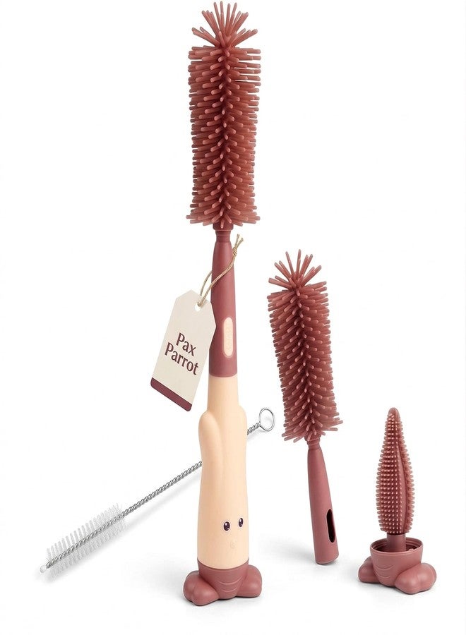 Pax Parrot 3-in-1 Silicone Baby Bottle Cleaning Brush Set with 4 Character Stickers |360° rotatable Handle, BPA-Free Soft bristles – Perfect for Cleaning Bottles, Nipples & Pacifiers Safely (Peach) - Image 1