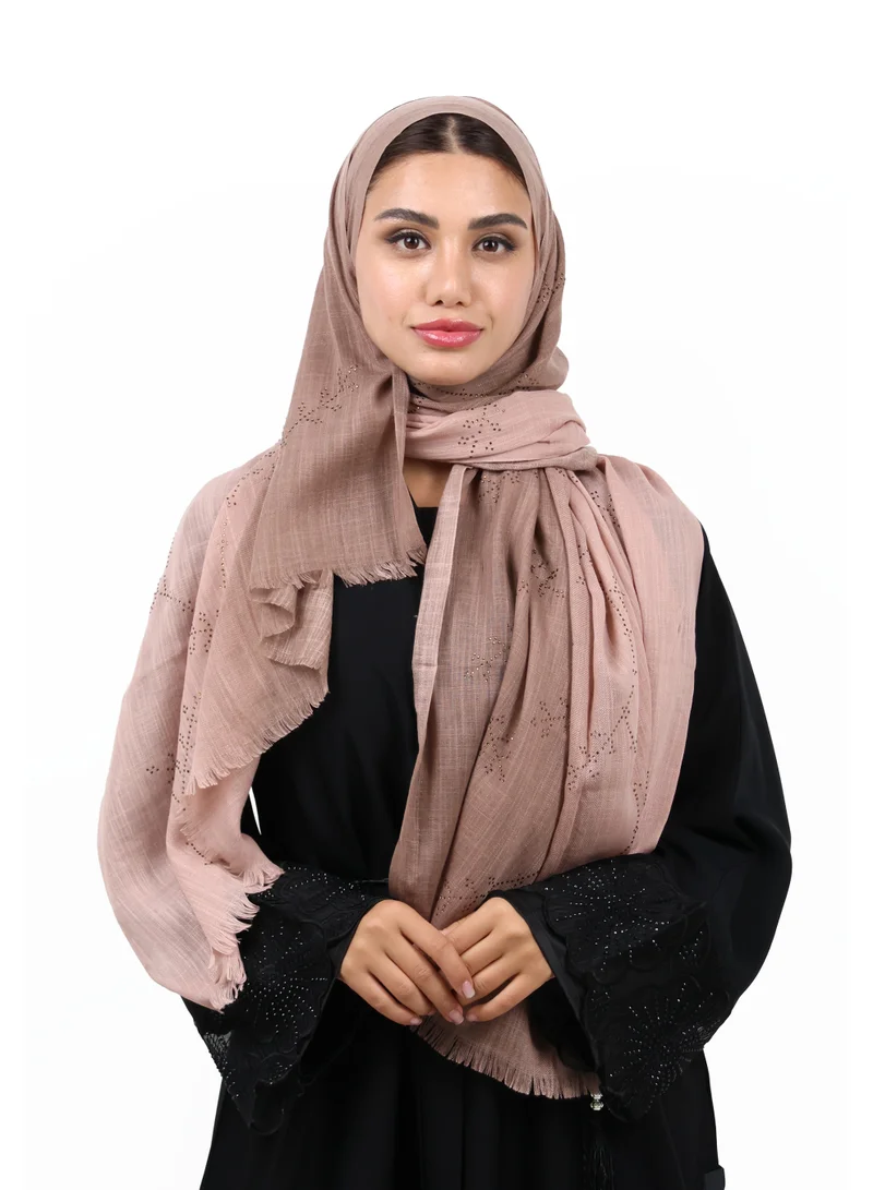 Jameela Premium Embellished Slub Cotton Scarf with Vine Crystal Strass (Dusty Brown Rose / Woodrose)