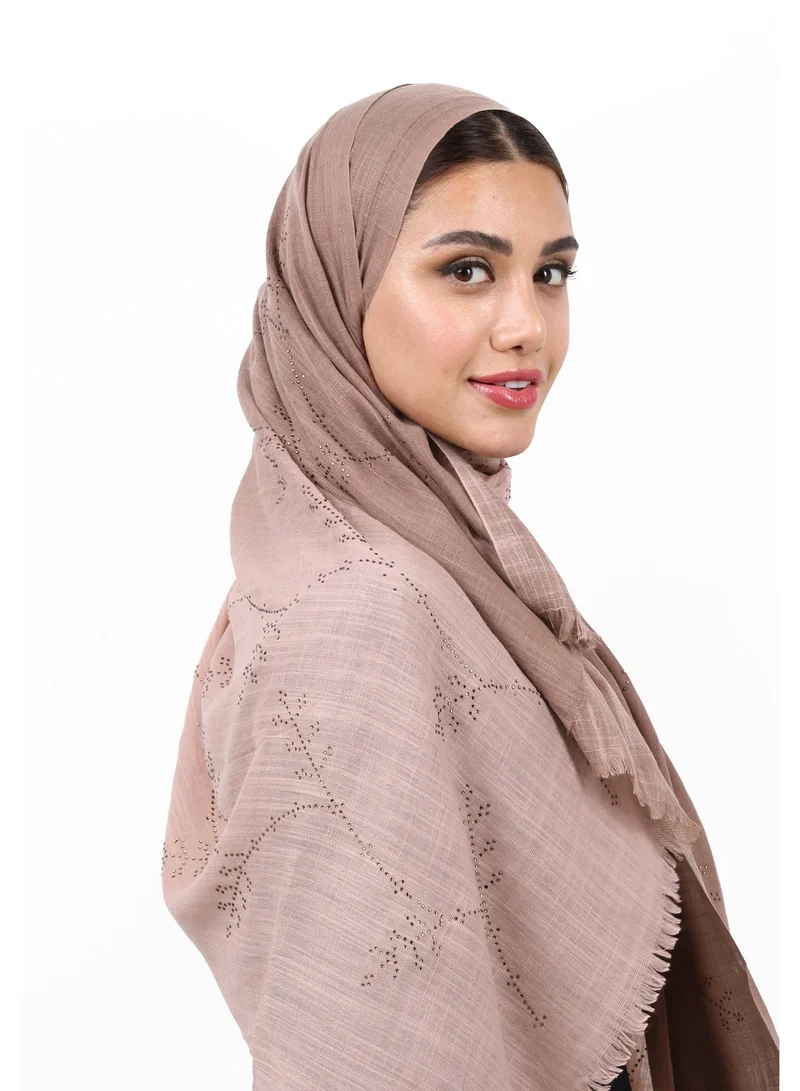 Jameela Premium Embellished Slub Cotton Scarf with Vine Crystal Strass (Dusty Brown Rose / Woodrose)