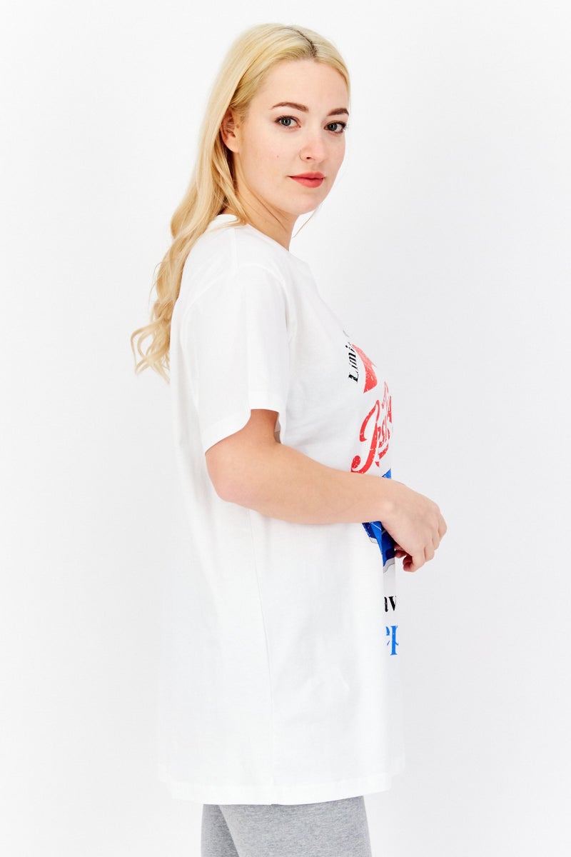 Pepsi تي شيرت نسائي كبير الحجم بطبعة جرافيكية وأكمام قصيرة ورقبة دائرية، مجموعة باللون الأبيض - Image 2
