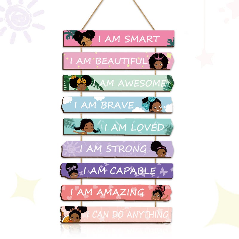 Set of 9 Black Girl Wall Art Decor Wood Motivational Girl Room Wall Art Rainbow Color Positive Inspirational Hanging Sign for Baby Kids Teen Present Bedroom Nursery Decoration