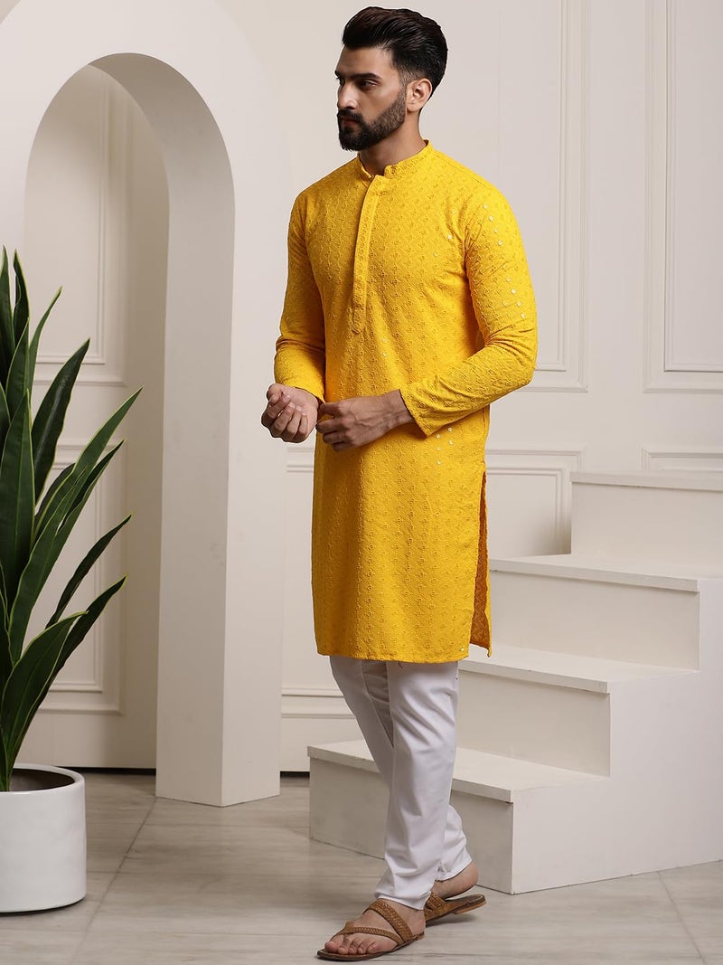 SOJANYA (Since 1958 Men's Pure Cotton Mustard Sequence Kurta & White Pyjama Set - Image 3