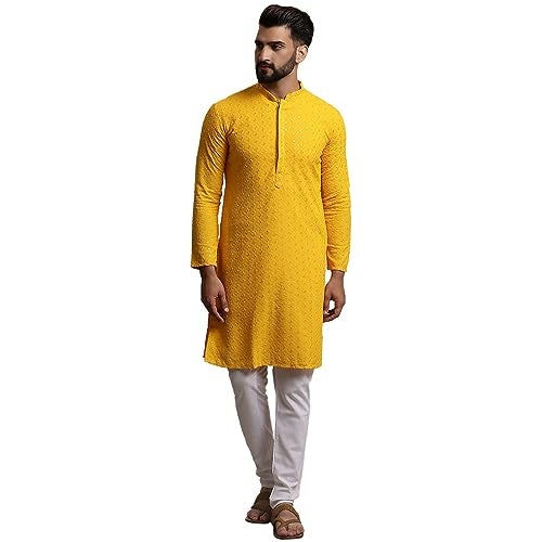 SOJANYA (Since 1958 Men's Pure Cotton Mustard Sequence Kurta & White Pyjama Set - Image 1