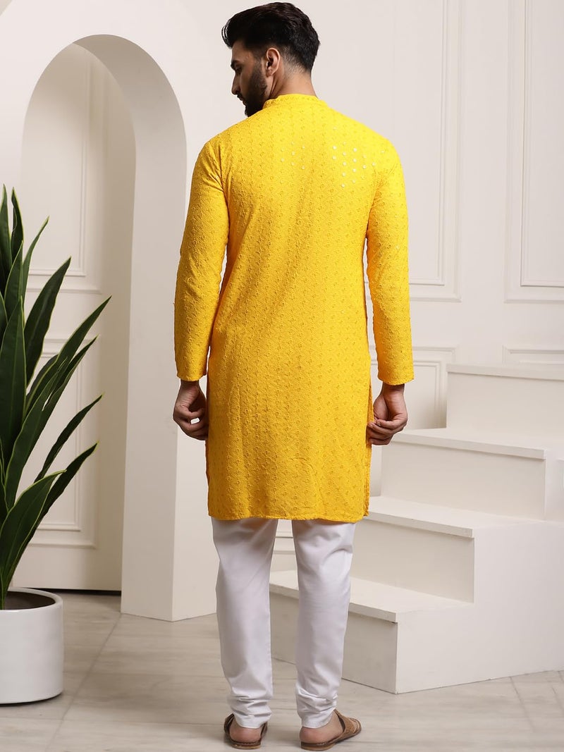 SOJANYA (Since 1958 Men's Pure Cotton Mustard Sequence Kurta & White Pyjama Set - Image 4