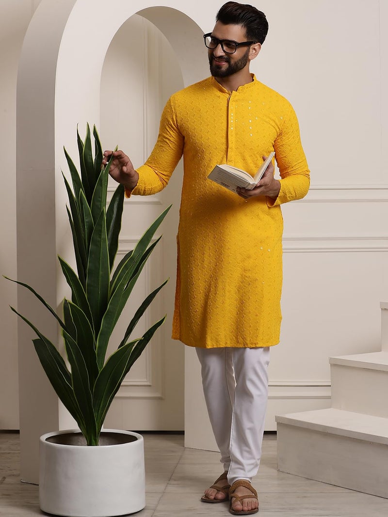 SOJANYA (Since 1958 Men's Pure Cotton Mustard Sequence Kurta & White Pyjama Set - Image 2