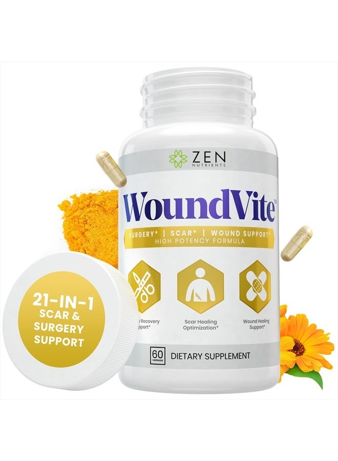 Zen Nutrients WoundVite Pre & Post Surgery Support, Scar & Wound Care, Scar Treatment, Plastic & General Surgery, Heal Faster & Aids in Recovery Time w/ Bromelain, Turmeric & Arnica - 60 Vegan Caps - Image 1