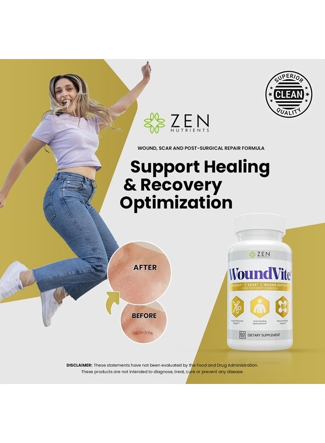 Zen Nutrients WoundVite Pre & Post Surgery Support, Scar & Wound Care, Scar Treatment, Plastic & General Surgery, Heal Faster & Aids in Recovery Time w/ Bromelain, Turmeric & Arnica - 60 Vegan Caps - Image 4