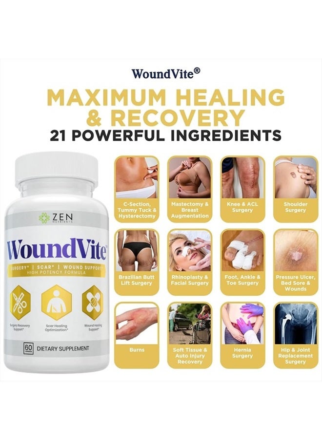 Zen Nutrients WoundVite Pre & Post Surgery Support, Scar & Wound Care, Scar Treatment, Plastic & General Surgery, Heal Faster & Aids in Recovery Time w/ Bromelain, Turmeric & Arnica - 60 Vegan Caps - Image 2