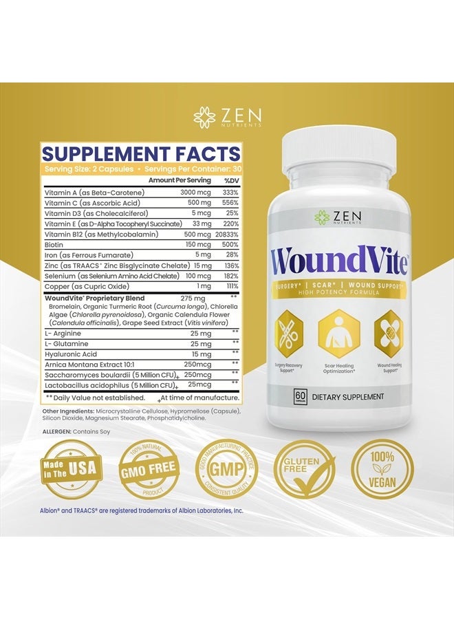 Zen Nutrients WoundVite Pre & Post Surgery Support, Scar & Wound Care, Scar Treatment, Plastic & General Surgery, Heal Faster & Aids in Recovery Time w/ Bromelain, Turmeric & Arnica - 60 Vegan Caps - Image 3