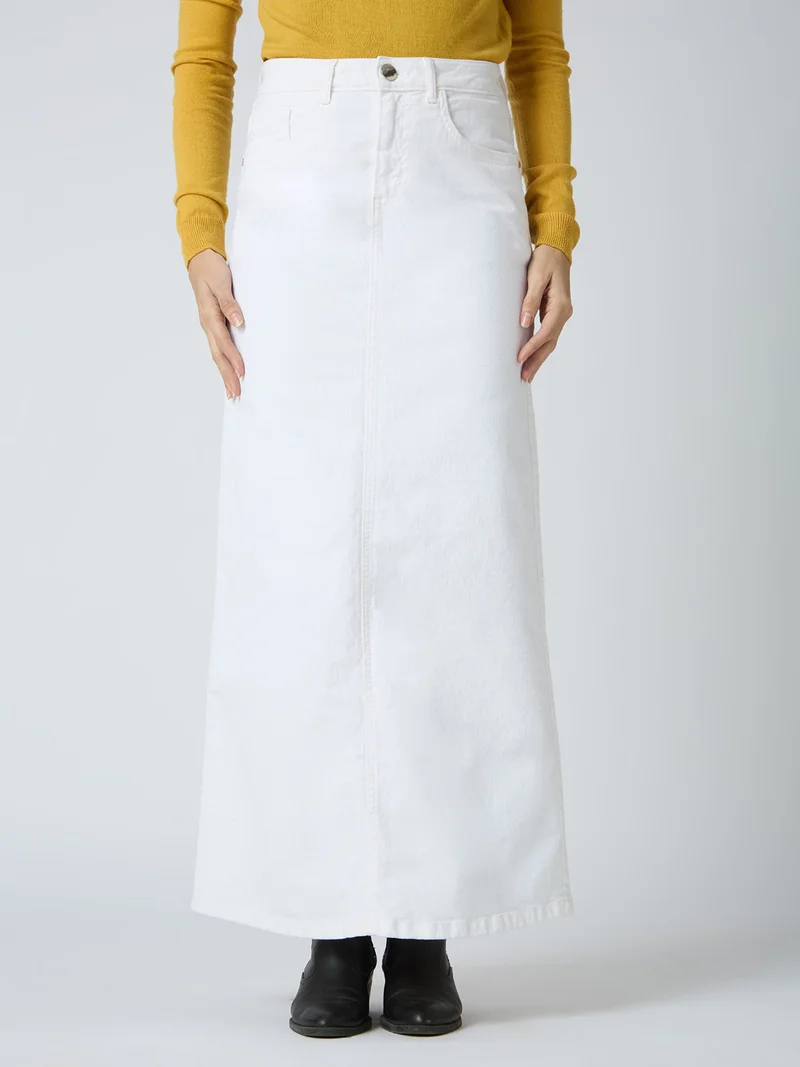 جلو باص جوبس تنورة جينز ماكسي مستقيمة بفتحة خلفية بخصر متوسط صلبة قابلة للتمدد للنساء