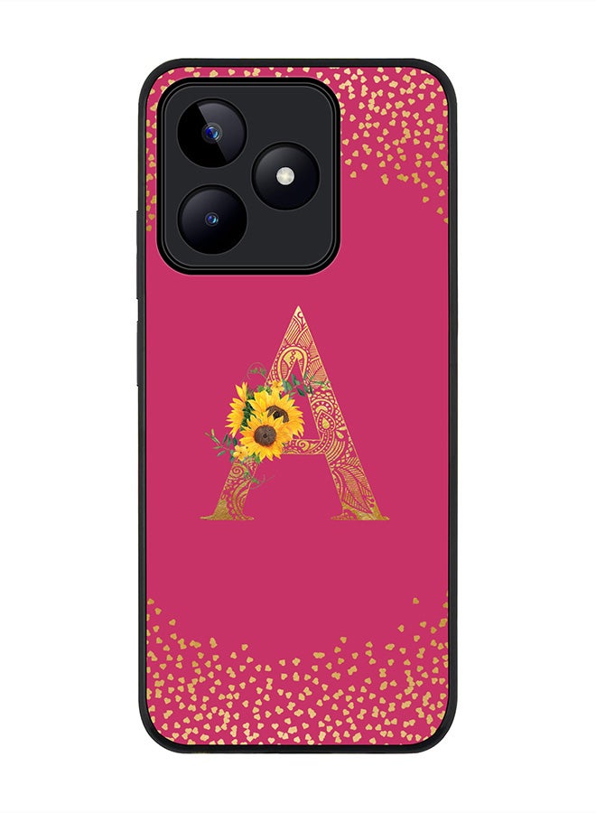 Stylizedd Rugged Black edge case for Realme C51 / Realme Note 50 4G,Custom Monogram Initial Letter Floral Alphabet - A (Deep Pink Rose)  - Image 1