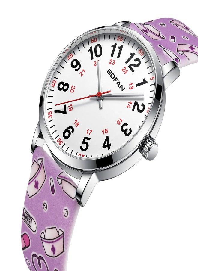 BOFAN Nurse Watch for Nurse,Medical Professionals,Students,Doctors with Easy to Read Dial,Second Hand and 24 Hour,Soft Pink Print Silicone Band,Water Resistant. - Image 2