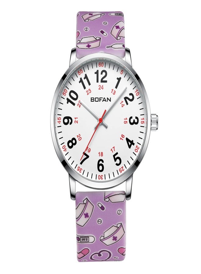BOFAN Nurse Watch for Nurse,Medical Professionals,Students,Doctors with Easy to Read Dial,Second Hand and 24 Hour,Soft Pink Print Silicone Band,Water Resistant. - Image 1