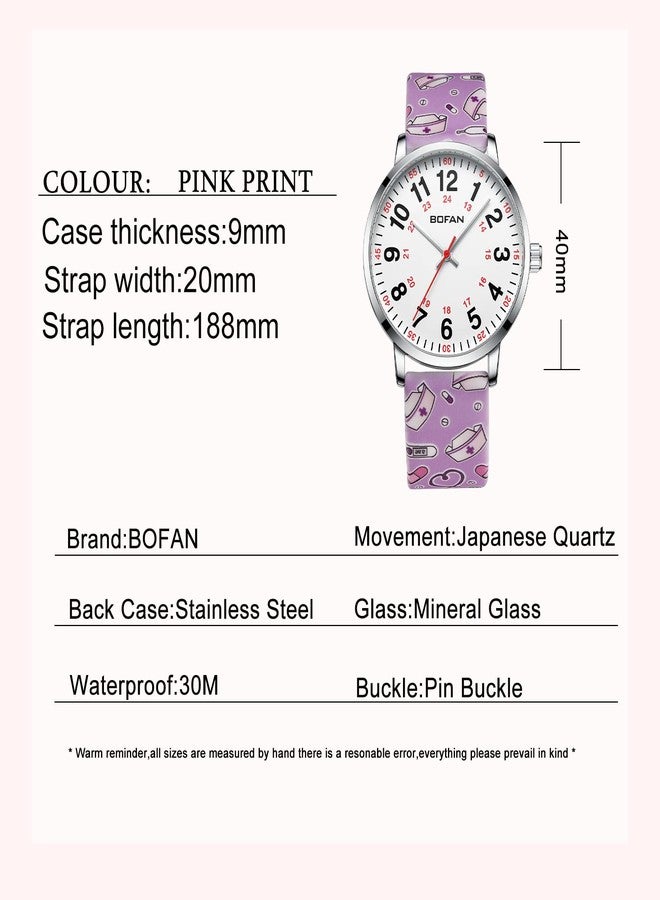 BOFAN Nurse Watch for Nurse,Medical Professionals,Students,Doctors with Easy to Read Dial,Second Hand and 24 Hour,Soft Pink Print Silicone Band,Water Resistant. - Image 5