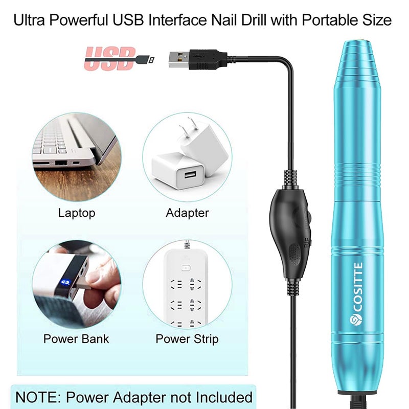 COSITTE Electric Nail Drill,USB Electric Nail Drill Machine for Acrylic Nail Kit,Portable Electric Nail File Polishing Tool Manicure Pedicure Kit Efile Nail Supplies for Home Salon,Sky Blue - Image 2
