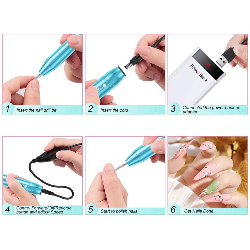 COSITTE Electric Nail Drill,USB Electric Nail Drill Machine for Acrylic Nail Kit,Portable Electric Nail File Polishing Tool Manicure Pedicure Kit Efile Nail Supplies for Home Salon,Sky Blue - Image 5