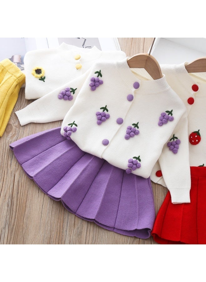 Ayada Home Girls 2-Piece Knit Outfit, Fruit Embroidery Cardigan & Pleated Skirt Set - Image 3