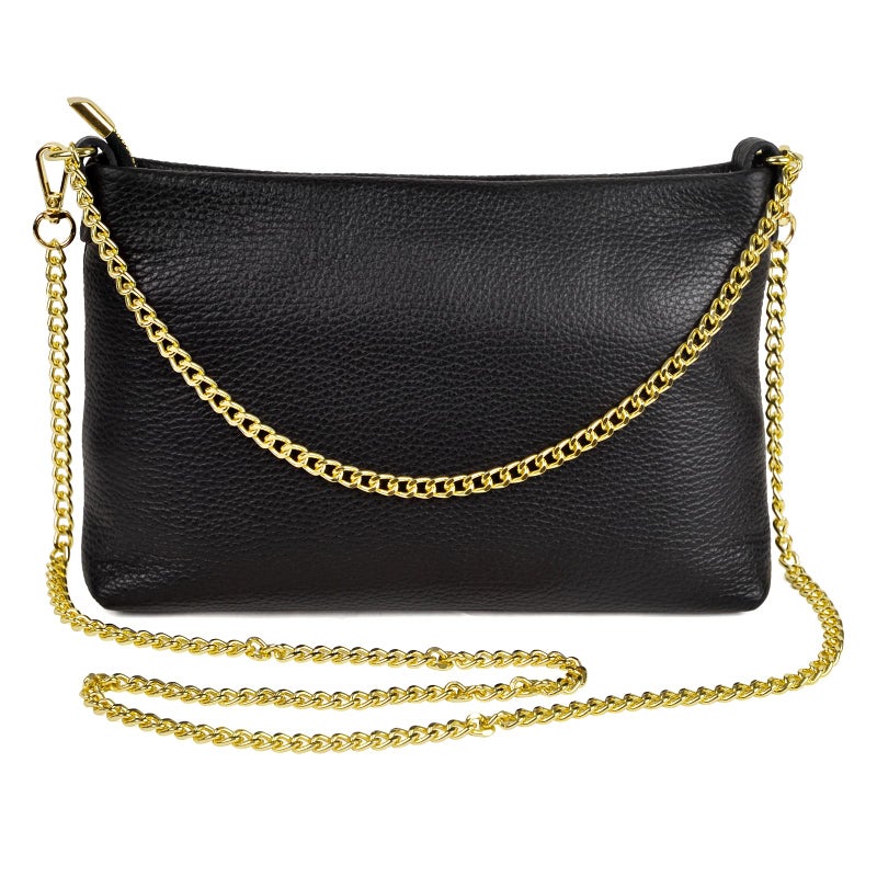 Dasein Italian Genuine Calf Leather Crossbody Bag Smooth Shoulder Bag for Women Metallic Evening Bag Party Purse With Two Chain Strap (Black) - Image 1