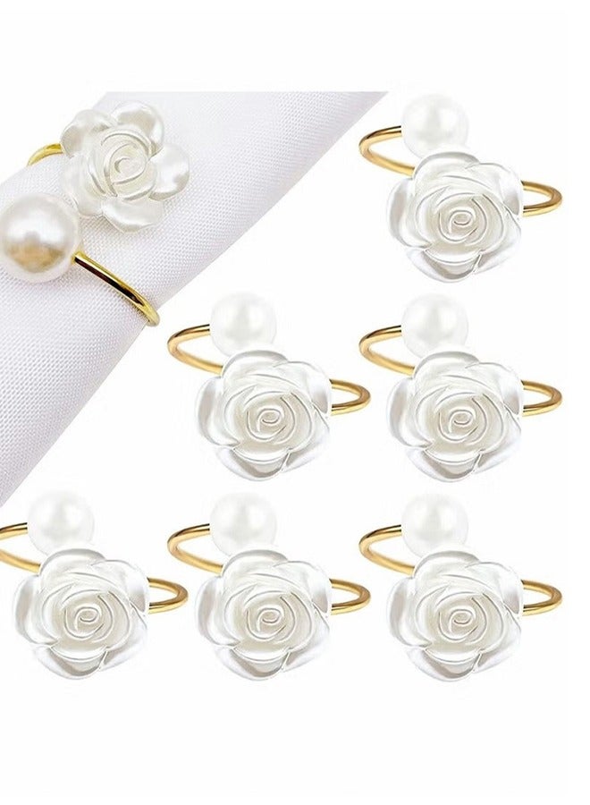 Napkin Rings, White Rose Pearl Dining Table Ring Holder, Vintage Paper Towel Rings for Valentine's Day Wedding Banquet Home Decorations (6 Pcs)  - Image 1