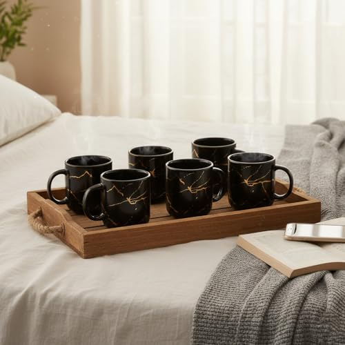 Femora 22k Liquid Gold Marble Design Ceramic Coffee Mug, Tea Cups, 180 ML, Pack of 6, Black - Image 1