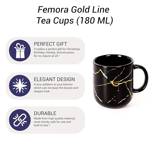 Femora 22k Liquid Gold Marble Design Ceramic Coffee Mug, Tea Cups, 180 ML, Pack of 6, Black - Image 5