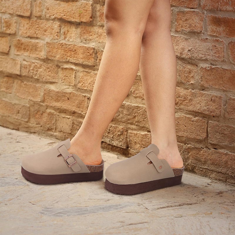 KIDMI Women's Platform Clogs Leather Mules Cork Footbed Potato Shoes, Taupe, Size 7.5-8 - Image 2