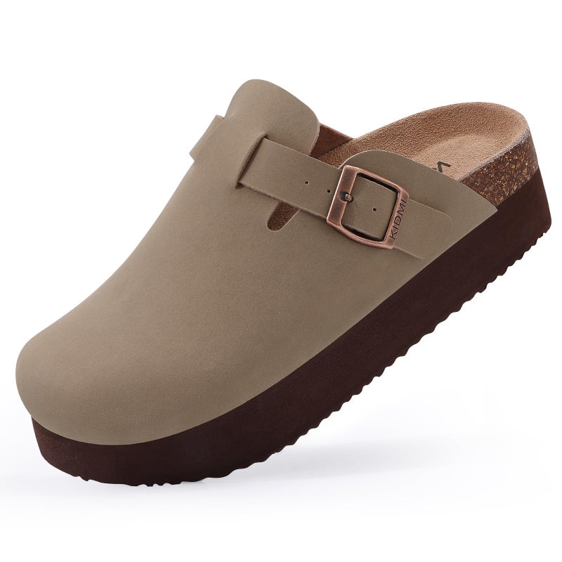 KIDMI Women's Platform Clogs Leather Mules Cork Footbed Potato Shoes, Taupe, Size 7.5-8 - Image 1