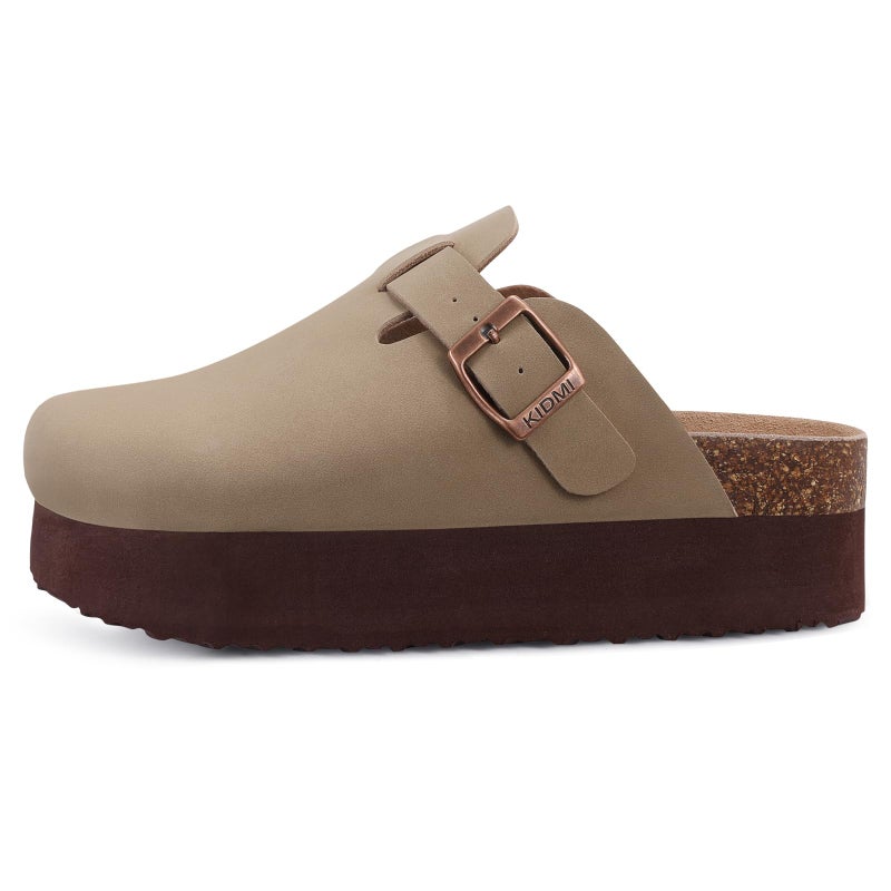 KIDMI Women's Platform Clogs Leather Mules Cork Footbed Potato Shoes, Taupe, Size 7.5-8 - Image 3