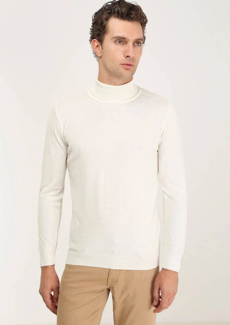 Kip Ecru Full Turtleneck Plain Knit Wool Blend Sweater